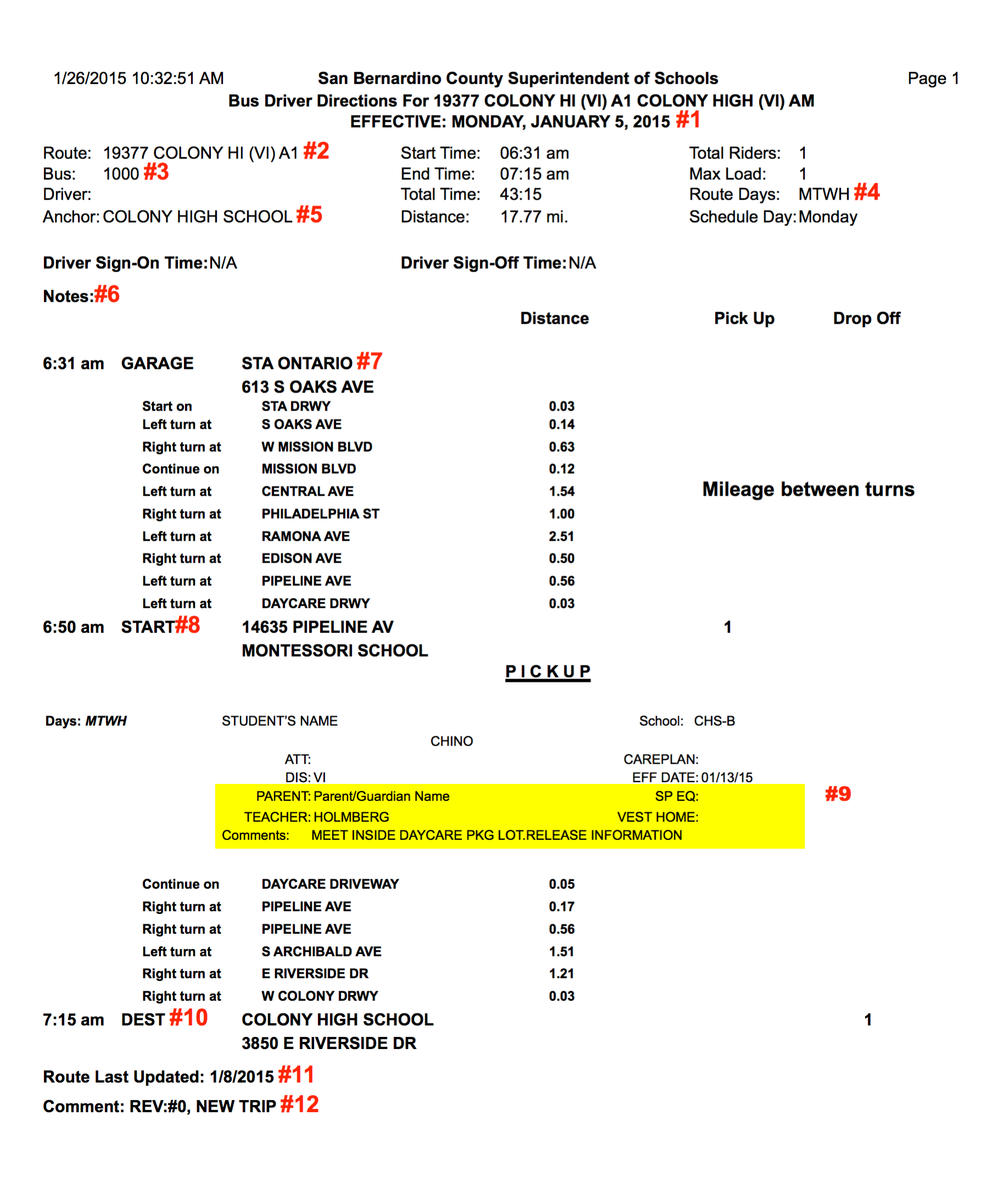 Image of sample Route Sheet